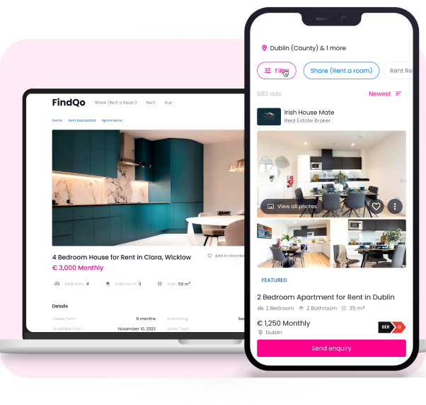 FindQo.ie — laptop listing view and mobile rental browse experience