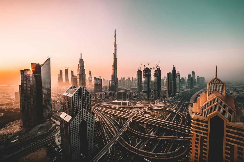 Abu Dhabi skyline at sunset, United Arab Emirates